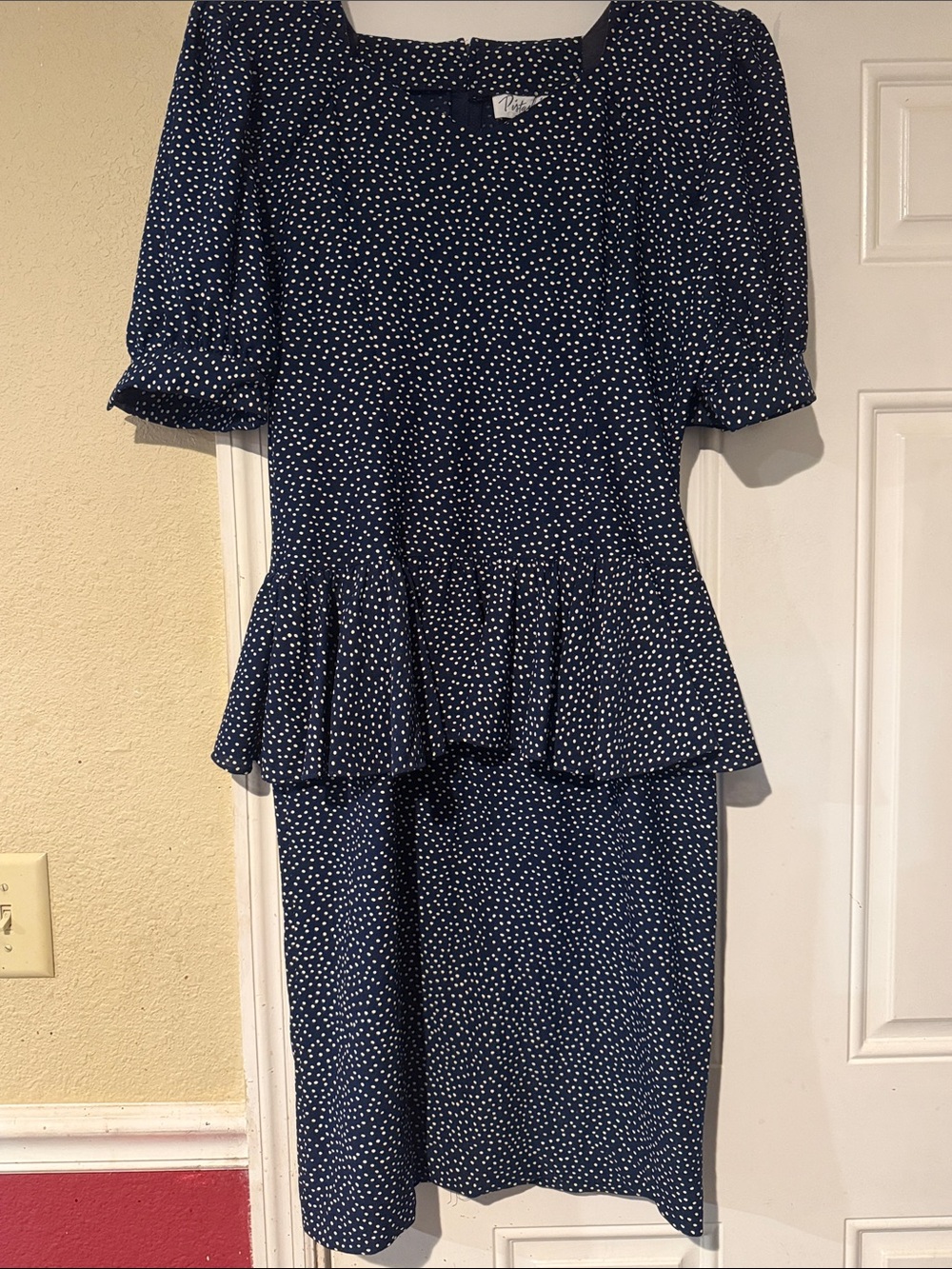 Classic Navy Polka Dot Peplum Midi Dress
